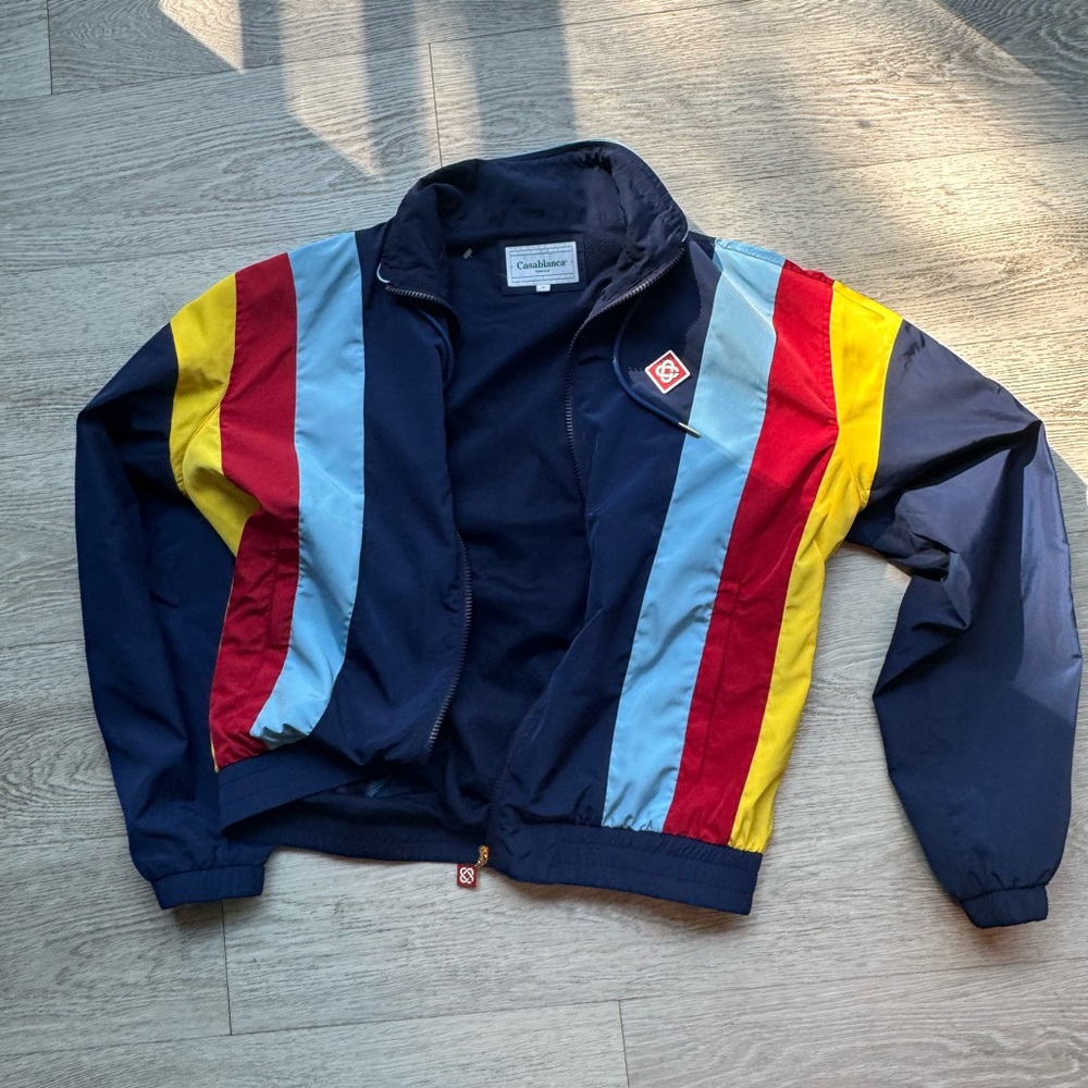 Red and Blue Lightweight Shirt Jacket with Bold Stripes